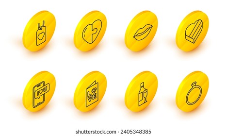 Set line Diamond engagement ring, Champagne bottle, Valentines day party flyer, Mobile with heart, Candy shaped box, Smiling lips, Heart and tag icon. Vector