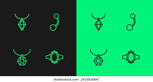 Fija la línea anillo de compromiso de diamantes, collar de Pendant e icono de Piercing. Vector