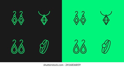 Legen Sie die Linie Diamond-Verlobungsring, Ohrringe und Pendant-Halskette-Symbol fest. Vektorgrafik