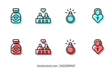Set Linie Diamond Verlobungsring, Schokoladenkünstchen, Couple Love und Schloss die Form des Herzensbildes. Vektorgrafik