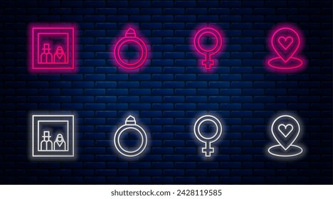 Set line Diamond engagement ring, Female gender symbol, Family photo and Location with heart. Glowing neon icon on brick wall. Vector