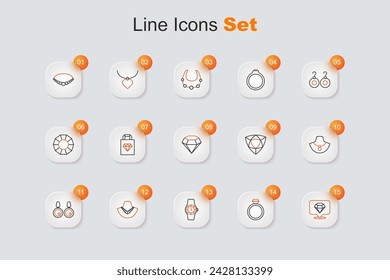 Set line Diamant, Verlobungsring, Armbanduhr, Halskette Mannequin, Ohrringe und Ikone. Vektor