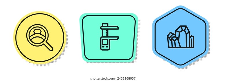 Ajuste la línea Anillo de compromiso de diamante, pinza o pinza y escala y piedra preciosa. Formas coloreadas. Vector