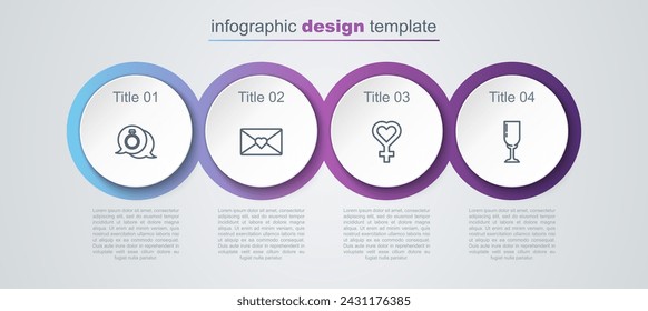 Set line Anillo de compromiso de diamantes, Sobre con corazón de San Valentín, Símbolo de género femenino y Vaso de champán. Plantilla de infografía de negocios. Vector