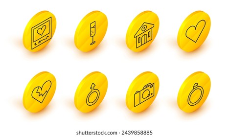 Set line Diamond engagement ring, Photo camera, Male gender symbol, Broken heart or divorce, Heart, Church building, Glass of champagne and frames and hearts icon. Vector