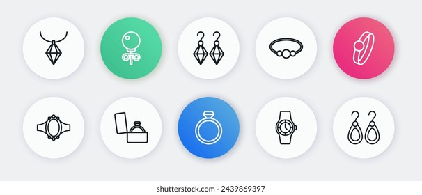 Set line Anillo de compromiso de diamantes, reloj de pulsera, joyería de pulsera, pendientes e icono de caja. Vector