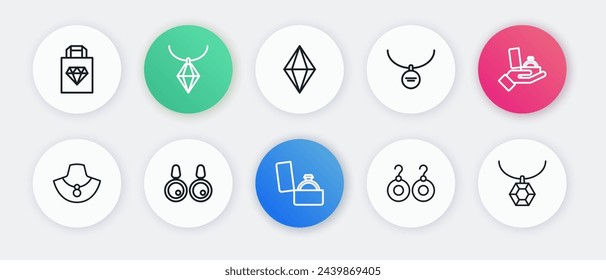Set line Anillo de compromiso de diamantes en caja, maniquí de collar, pendientes, collar de medallón, piedra preciosa, colgante e icono. Vector