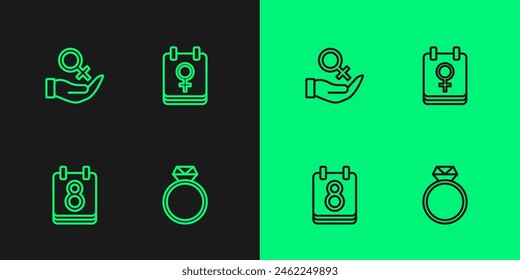 Set line Anillo de compromiso de diamantes, Calendario con 8 de marzo, Símbolo de género femenino e icono. Vector