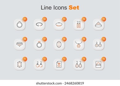 Set line Anillo de compromiso de diamantes en caja, Pendientes, Certificado del diamante, Piedra preciosa, Collar colgante e icono. Vector