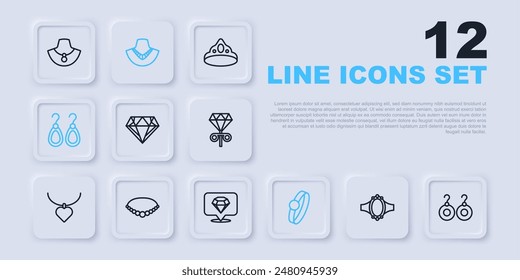 Set line Diamond engagement ring, Earrings, Pearl necklace, Necklace mannequin and  icon. Vector