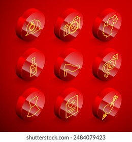 Set line Anillo de compromiso de diamantes, cámara de fotos, cabeza con corazón, botella de champán, zapato de mujer, género, vestido e icono de tarjeta de felicitación. Vector