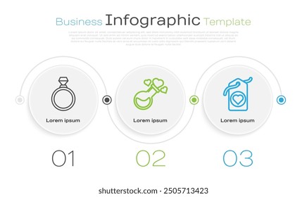 Set line Diamond engagement ring, Bottle with love potion and Heart tag. Business infographic template. Vector