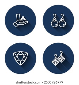 Set line Anillo de compromiso de diamantes en caja, pendientes, y con sombra larga. Botón de círculo azul. Vector