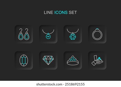 Definir linha anel de engajamento diamante na caixa, coroa de rei, pedra preciosa, colar pingente, caixão e brincos ícone. Vetor
