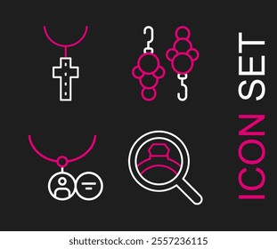 Set line Diamond engagement ring, Locket necklace, Earrings and Christian cross chain icon. Vector