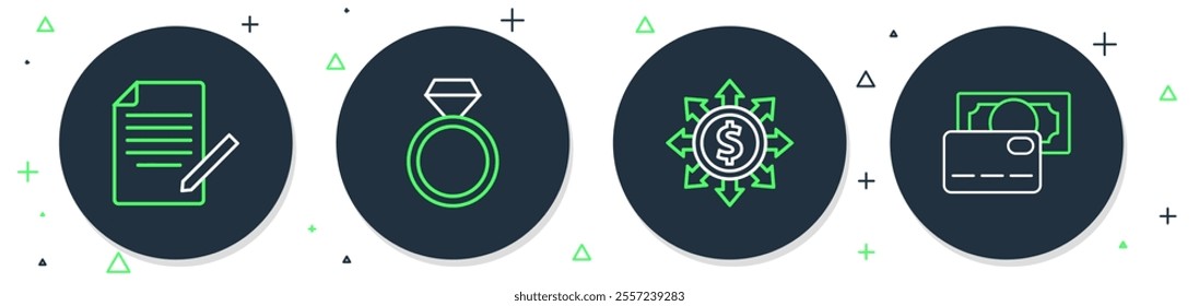 Set line Diamond engagement ring, Dollar, share, network, Document and pen and Credit card icon. Vector