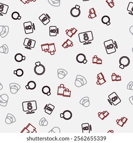 Set line Diamond engagement ring, 8 March, Handbag and Paper shopping on seamless pattern. Vector
