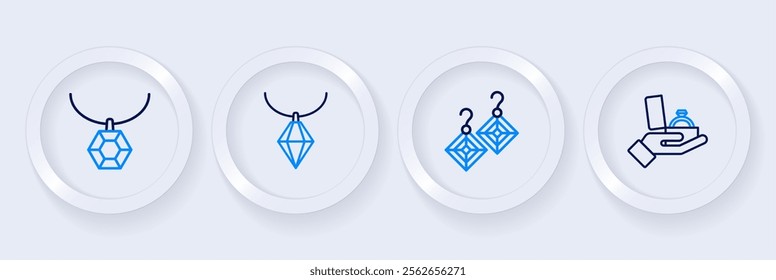 Set line Diamond engagement ring in box, Earrings, Pendant necklace and  icon. Vector