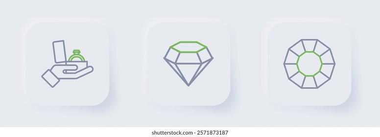 Set line Diamond,  and engagement ring in box icon. Vector