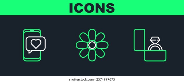 Set line Diamond engagement ring, Online dating app and chat and Flower icon. Vector