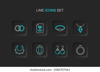 Set line Diamond engagement ring, Earrings, Gem stone, Necklace, Pendant necklace, Bracelet jewelry, Certificate of the diamond and Wedding icon. Vector
