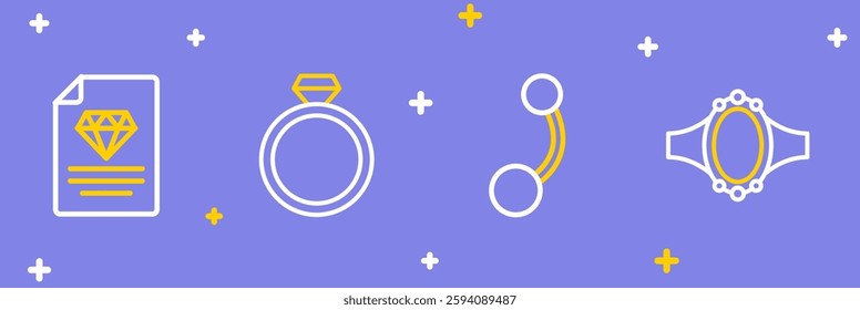 Set line Diamond engagement ring, Piercing,  and Certificate of the diamond icon. Vector