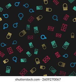 Set line Diamond engagement ring, Chocolate bar, Quiver and arrows with heart and Envelope Valentine on seamless pattern. Vector