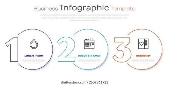 Set line Diamond engagement ring, Calendar and Postcard with heart. Business infographic template. Vector