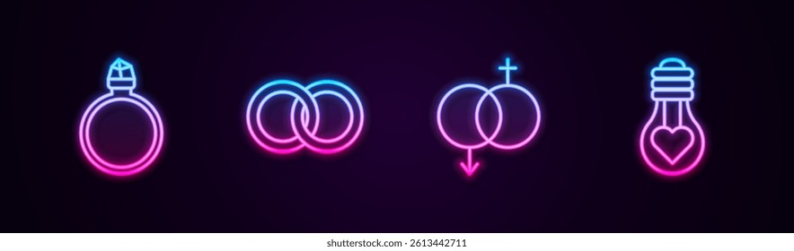 Set line Diamond engagement ring, Wedding rings, Gender and Heart shape light bulb. Glowing neon icon. Vector