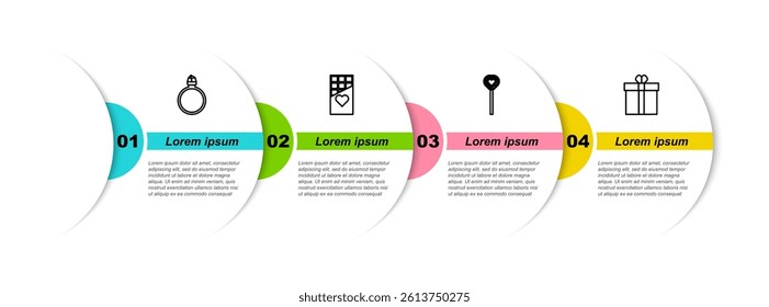 Set line Diamond engagement ring, Chocolate bar, Lollipop and Gift box and heart. Business infographic template. Vector