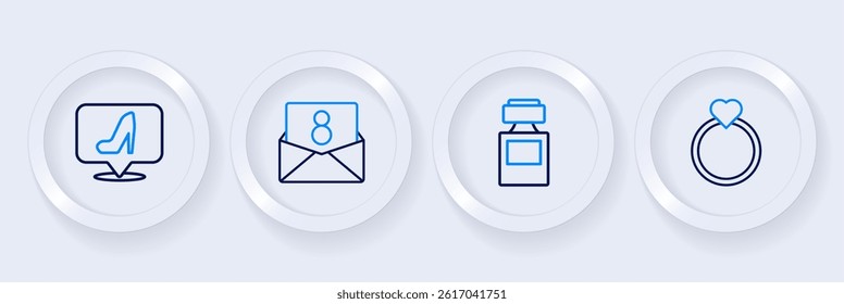 Set line Diamond engagement ring, Perfume, Envelope with 8 March and Woman shoe icon. Vector