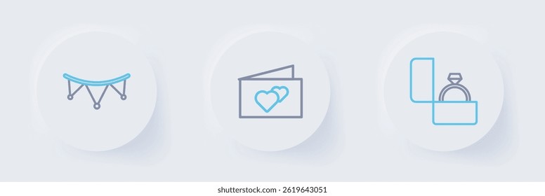 Set line Diamond engagement ring, Greeting card and Carnival garland with flags icon. Vector