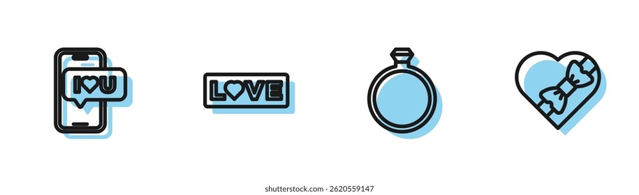 Definir linha anel de engajamento diamante, móvel com coração, texto de amor e ícone de caixa em forma de doce. Vetor