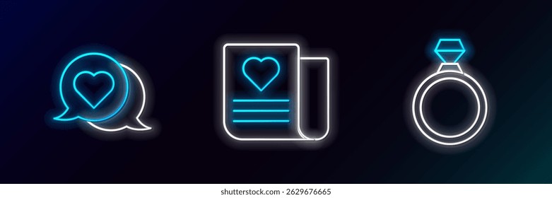Set line Diamond engagement ring, Heart speech bubble and Envelope with Valentine heart icon. Glowing neon. Vector