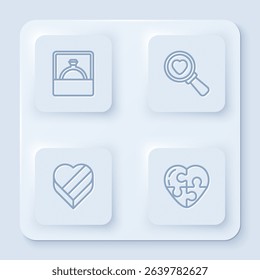 Set line Diamond engagement ring, Search heart and love, Candy shaped box and Heart. White square button. Vector