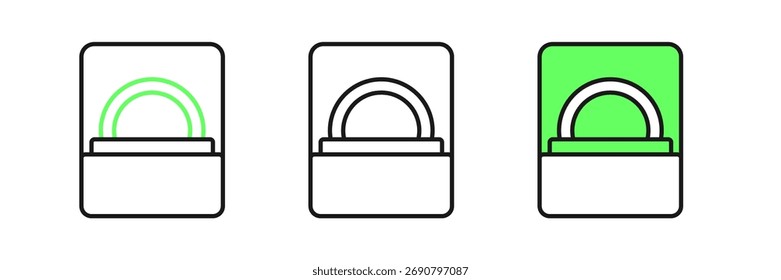 Anillo de compromiso de diamantes en un icono de caja aislado sobre fondo blanco.  Vector