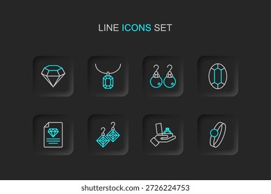 Set line anillo de compromiso de diamantes, caja, pendientes, certificado del diamante, piedra preciosa, collar e icono. Vector