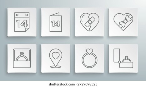 Set line Diamond engagement ring, Greeting card, Location with heart, Wedding rings, Healed broken, Candy shaped box and Calendar February 14 icon. Vector