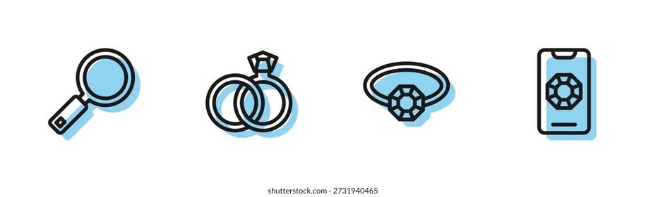 Set line Diamond engagement ring, Magnifying glass, Wedding rings and Jewelry online shopping icon. Vector