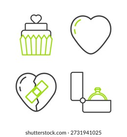 Definir linha anel de noivado diamante, coração partido curado, coração e bolo de casamento com ícone. Vetor