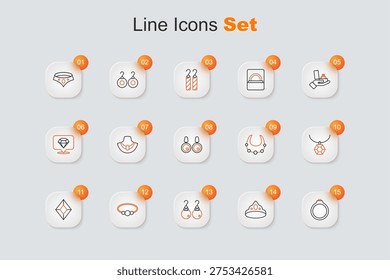 Set line Diamond engagement ring, King crown, Earrings, Bracelet jewelry, Gem stone, Pendant necklace, Necklace and  icon. Vector