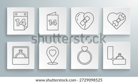 Set line Diamond engagement ring, Greeting card, Location with heart, Wedding rings, Healed broken, Candy shaped box and Calendar February 14 icon. Vector