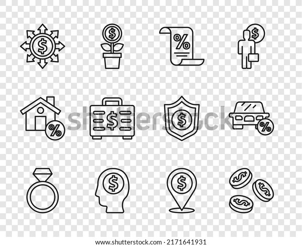 Set line Diamond engagement ring, Coin money with\
dollar, Finance document, Business man planning mind, Dollar,\
share, network, Briefcase and, Cash location and Car leasing\
percent icon. Vector