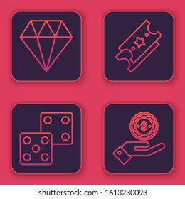 Set line Diamond, Game dice, Lottery ticket and Hand holding casino chips. Blue square button. Vector