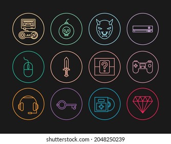 Fijar línea Diamante, Gamepad, Máscara del diablo con cuernos, Espada para el juego, Ratón de ordenador, joystick de consola, Casilla aleatoria misteriosa y Bomba lista para explotar icono. Vector