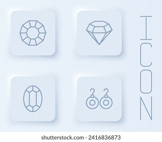 Set line Diamond, Gem stone and Earrings. White square button. Vector