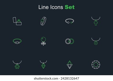 Diamante de línea, piedra de la gema, collar colgante, medallón, anillos de boda, pendientes de perno y pulsera icono de joyería. Vector