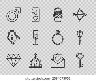 Set line Diamond, Key in heart shape, Flowers basket, Church building, Male gender symbol, Glass of champagne, Envelope with Valentine and rose icon. Vector