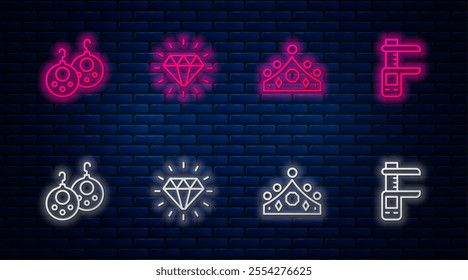 Set line Diamond, King crown, Earrings and Calliper or caliper and scale. Glowing neon icon on brick wall. Vector