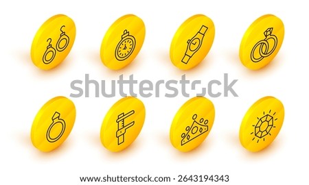 Set line Diamond, King crown, Calliper or caliper and scale, engagement ring, Wedding rings, Wrist watch, Pocket and Earrings icon. Vector